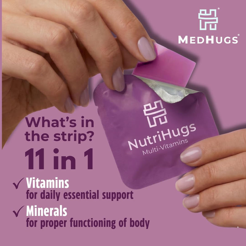 NutriHugs Daily Multivitamin Dissolving Strips - Vitamins A, B-Complex, C, D3 and K2 - 11 Essential Vitamins & Minerals - Vegan, Sugar-Free, Fast-Absorbing Oral Thin Film - Doctor-Founded - 30 Count