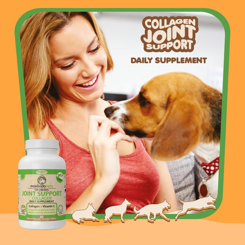 Collagen for Dogs & Cats - Collagen Supplements for Joint Health - Vitamin C Supplement for Joint Mobility - Joint Support Supplement for Dog & Cats - Bacon Flavored Tablets (60 Count) 60 Count (Pack of 1) - PawsPlanet Australia
