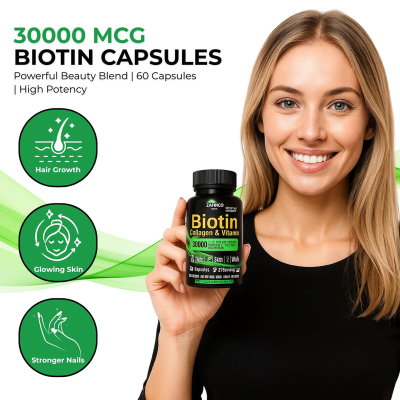 ZAFiNCO- BIOTIN Capsule for Women and Men. 30000 mcg Biotin+Collagen, Hyaluronic Acid and Multivitamin Formula for Anti Aging,Glowing Skin, Long Hair and Nails. 60 Capsule-USA