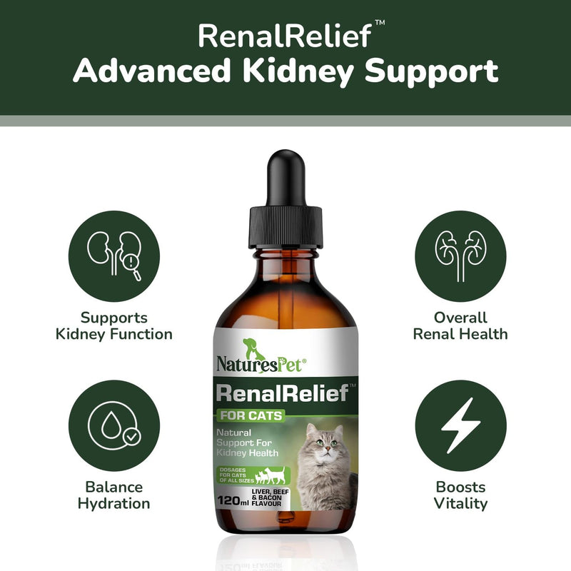 RenalRelief – Kidney Support Supplement for Cats (120ml) | Supports Urination, Detox & Fluid Balance | Beef, Liver & Bacon Flavour