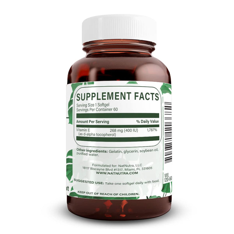 Natural Nutra Vitamin E 400 IU Supplement, 60 Softgels | Helps Heart Health & Protects Skin Texture, Enriches Health Nutrients, Enhances Hair & Nails Growth, Supports Body Fat Level