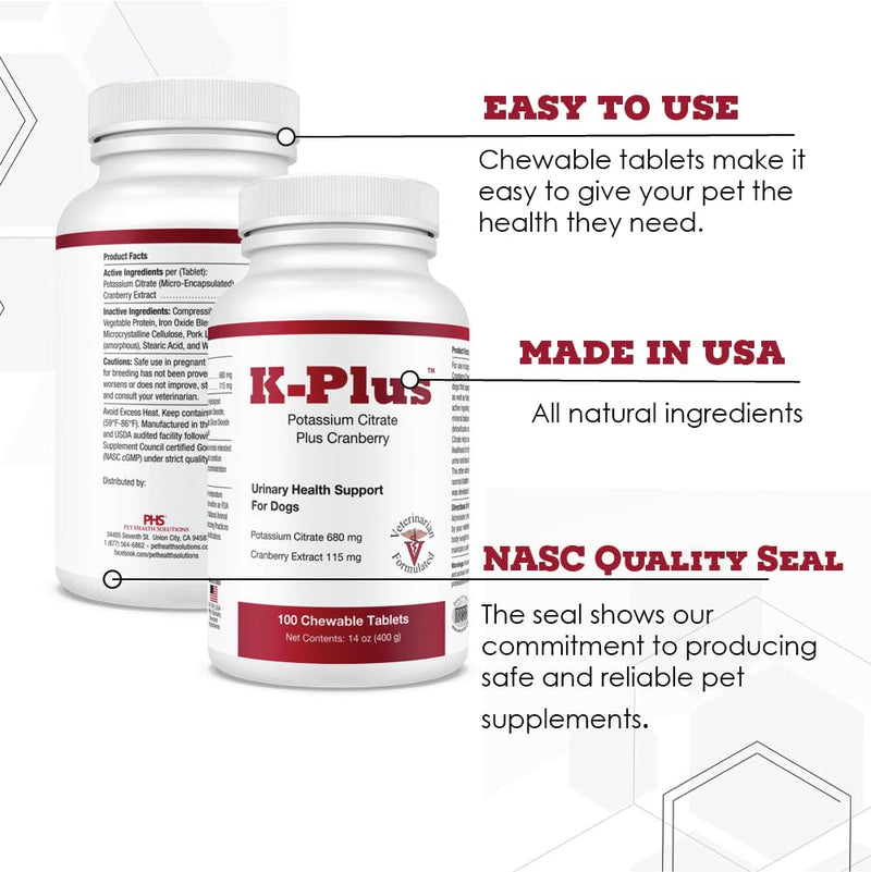 K-Plus Potassium Citrate Plus Cranberry Supplement for Dogs - UTI Remedy Chewable Tablets - Supports Bladder Health - for Every Dog Breed, 200 Chewable Tablets - BeesActive Australia