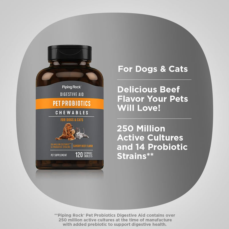 Piping Rock Probiotics for Dogs and Cats | 120 Chewables | Digestive Health Supplement with 14 Strains | Savory Beef Flavor | Non-GMO & Gluten Free