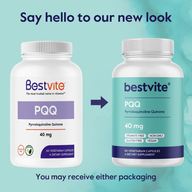 BESTVITE PQQ 40mg (Pyrroloquinoline Quinone) (120 Veg Caps)(60x2) | Extra Strength - No Stearates - Vegan - Non GMO - Gluten Free - Cellular Energy & Brain Support* - Easy to Swallow Capsules 1 Count (Pack of 120)