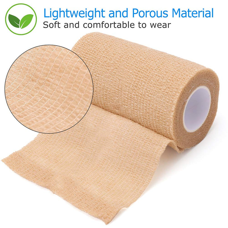 LotFancy Self Adhesive Bandage Wrap, 6 Pack, 4 in x 5 Yards, Non Woven Elbow Cohesive Bandage, First Aid Medical Tape for Ankle, Knee & Wrist Sprains, Tan Color 4x180 Inch (Pack of 6) - BeesActive Australia