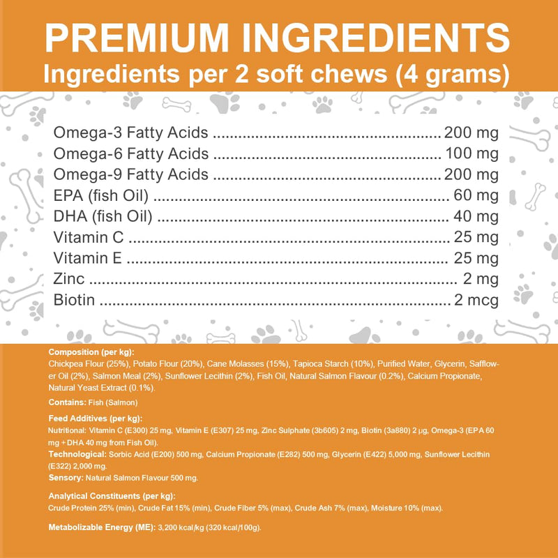 Omega 3 for Dogs UK - Salmon Oil Chews with EPA & DHA | Itchy Skin Relief & Allergy Support | Dog Skin & Coat Supplement | 100 Soft Chews