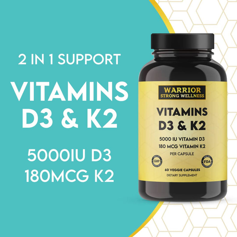 Vitamin D3 and K2 Supplement, 60 Capsules | 5000IU Vitamin D3, 180MCG Vitamin K2, Immune, Heart Health, 2 Month-Supply, Veggie Capsules