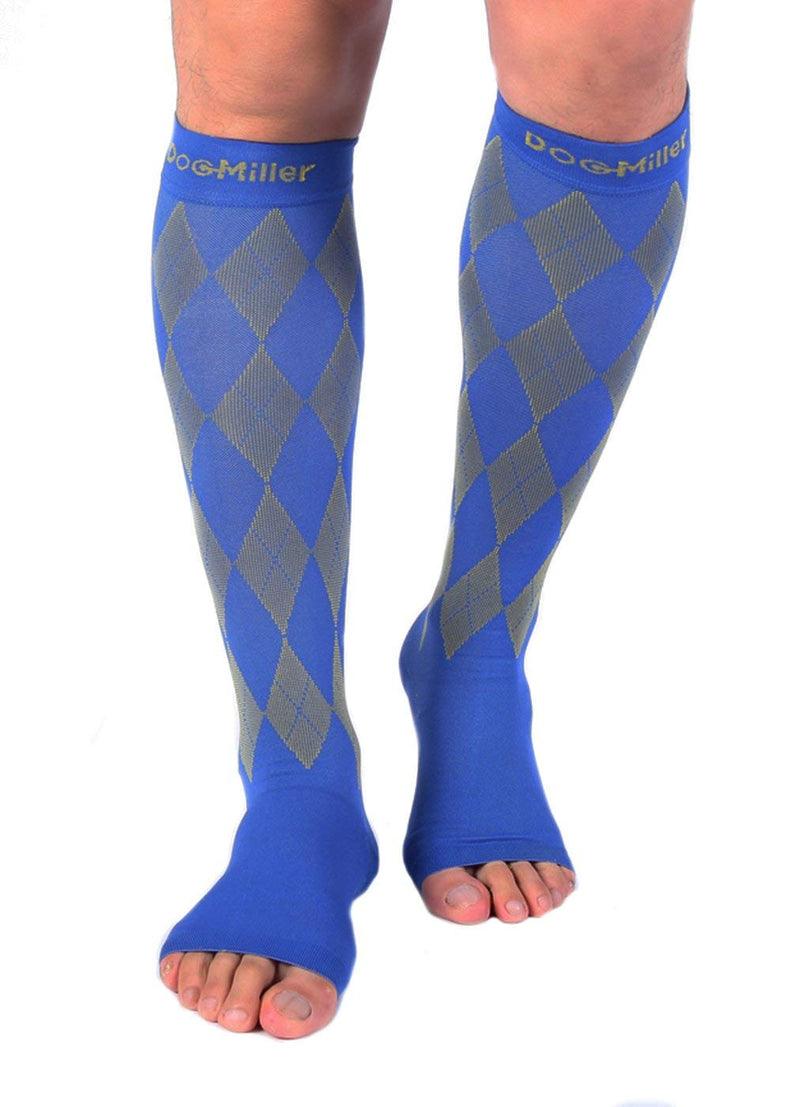 Doc Miller Open Toe Compression Socks for Men & Women, 20-30 mmHg Knee High Support, Toeless Design for Daily Leg Comfort, Breathable Nylon Spandex, 1 Pair X-Large Yellow Blue - BeesActive Australia