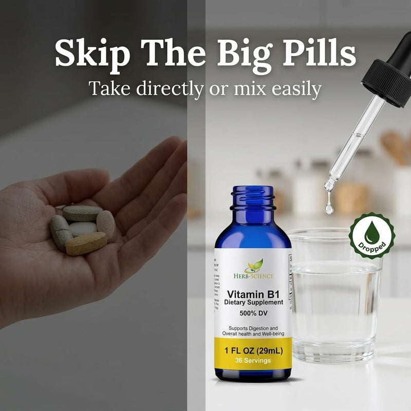 Vitamin B1 Liquid Drops, Thiamine, Alcohol-Free, 1 Oz | Made with Only 3 Premium Ingredients, 500% Daily Value per Serving and 36 Servings in an Easy-to-Take Vegan Liquid Formula 1 Fl Oz (Pack of 1)