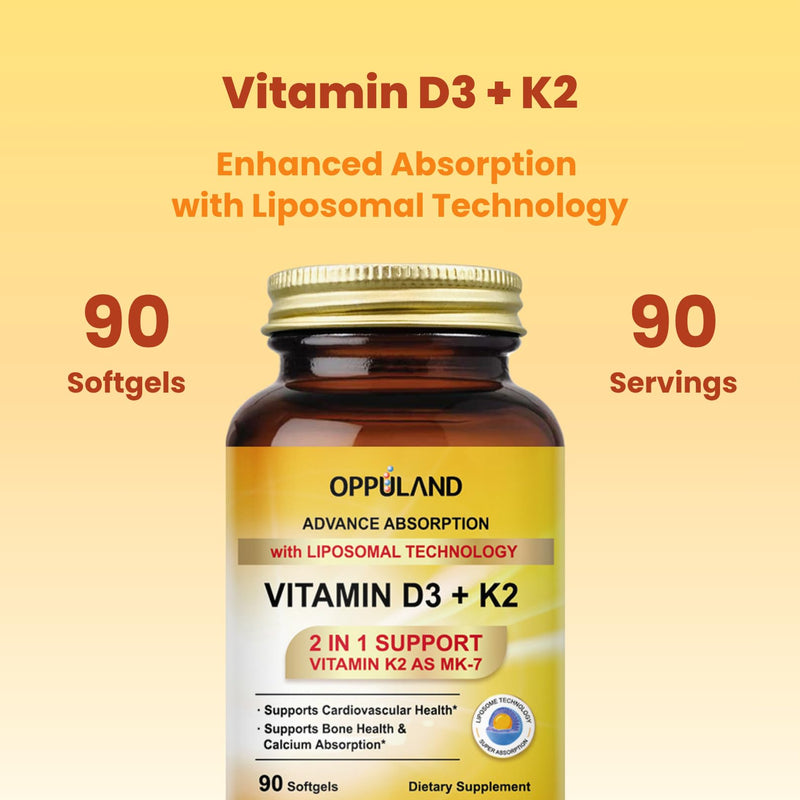 Vitamin D3 + K2 5000 IU - Liposomal Technology for Enhanced Absorption - MK-7 Vitamin K2 100mcg - Supports Bone & Calcium Metabolism - D3K2 Supplement for Men & Women - 90 Softgels 90 Count (Pack of 1)