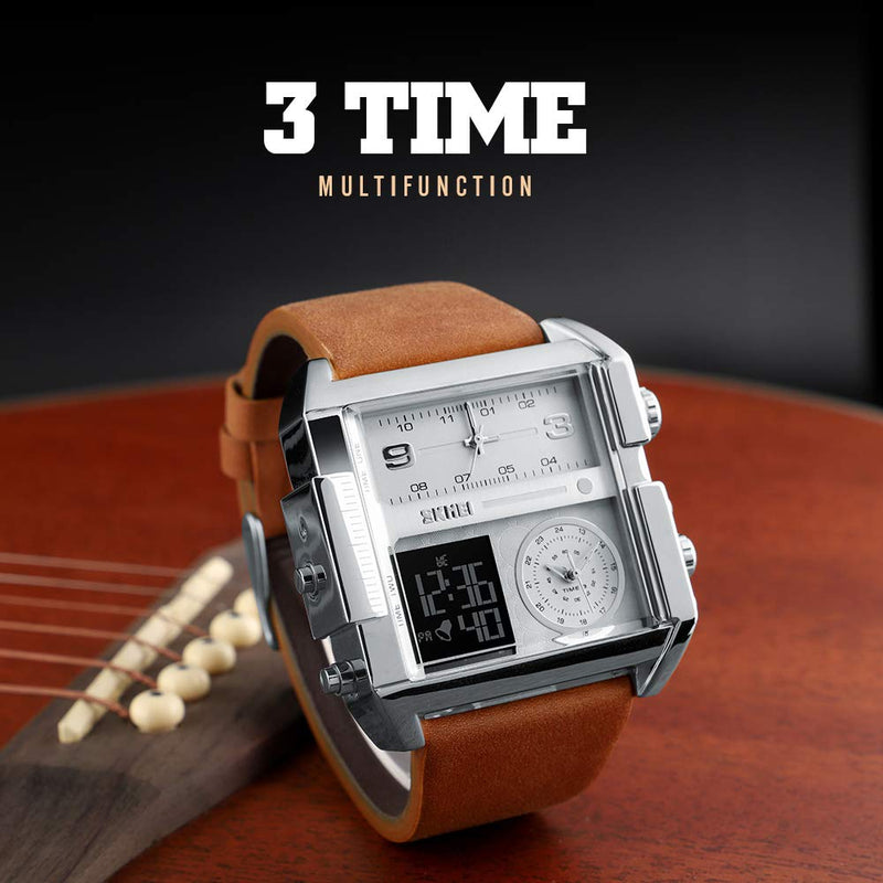 SKMEI Men's Digital Sports Watch, LED Square Large Face Analog Quartz Wrist Watch with Multi-Time Zone Waterproof Stopwatch Silver Brown