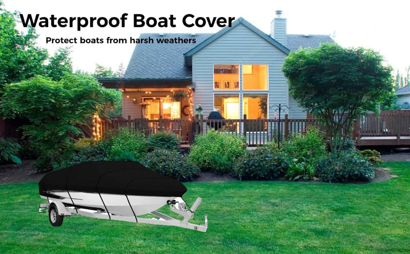 Boat Cover, All-Weather Mooring and Trailering Boat Cover for V-Hull Runabouts Outboards and I/O Bass Boats, Fits up to 14-16ft Long and 96in Wide, Black, 0OY023SIX24WGUV0DLA8Y17Z