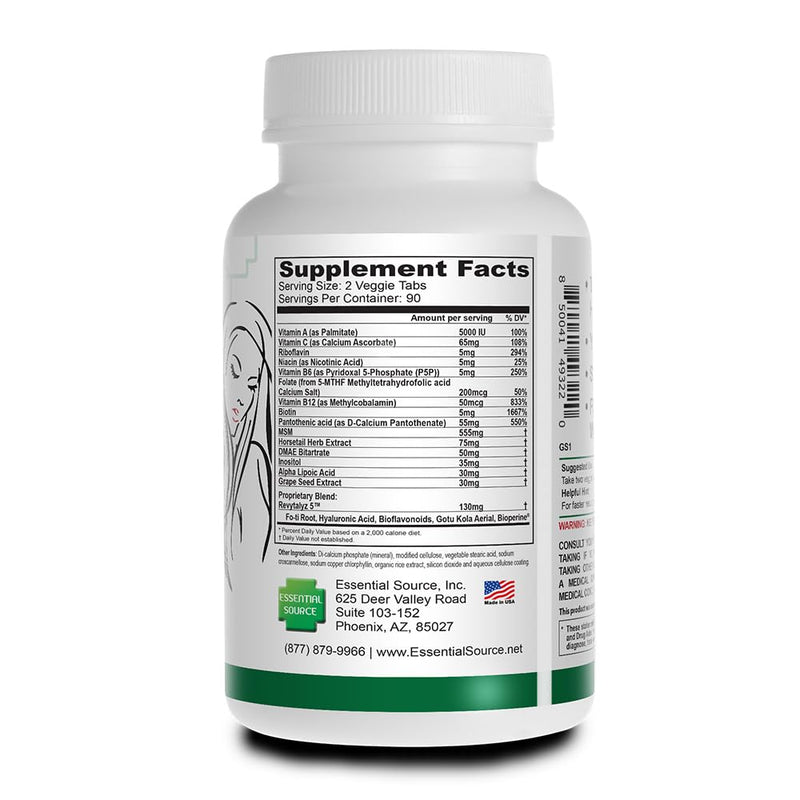 Essential Source Bonita V EZ-TABS Hair, Skin & Nails Vitamins, 180 Count | 5000 Mcg Biotin, 20 Active Ingredients, Revytalyz 5 Collagen Support Blend, Easy-Swallow Vegan Tablets, For Women & Men 180 Count (Pack of 1)