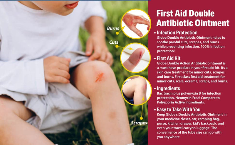 Globe First Aid Topical Antibiotic Ointment with Bacitracin Zinc & Polymyxin B Sulfate, Infection Protection & Wound Care Without Neomycin 1 oz Tube 1 Ounce (Pack of 1)