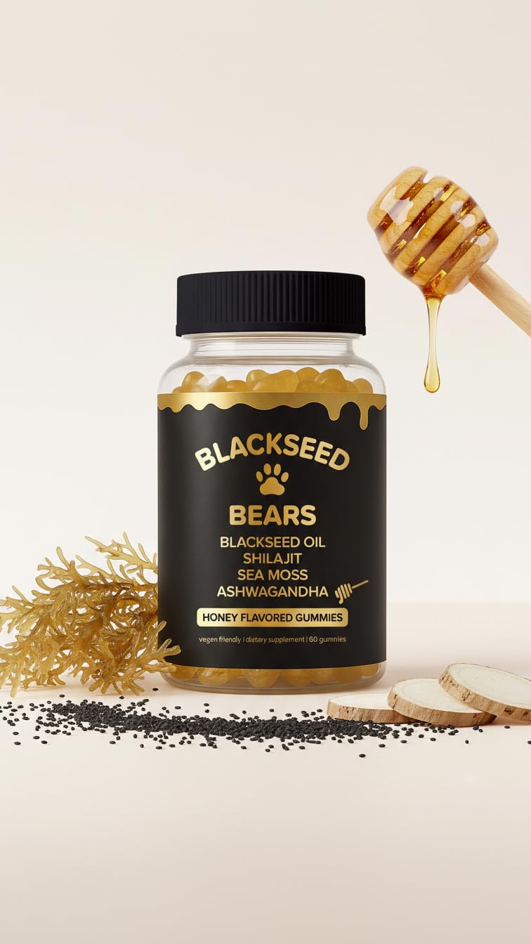 Blackseed Bears – Black Seed Oil, Shilajit, Sea Moss & Ashwagandha Gummies – Honey Flavored – 60 Count