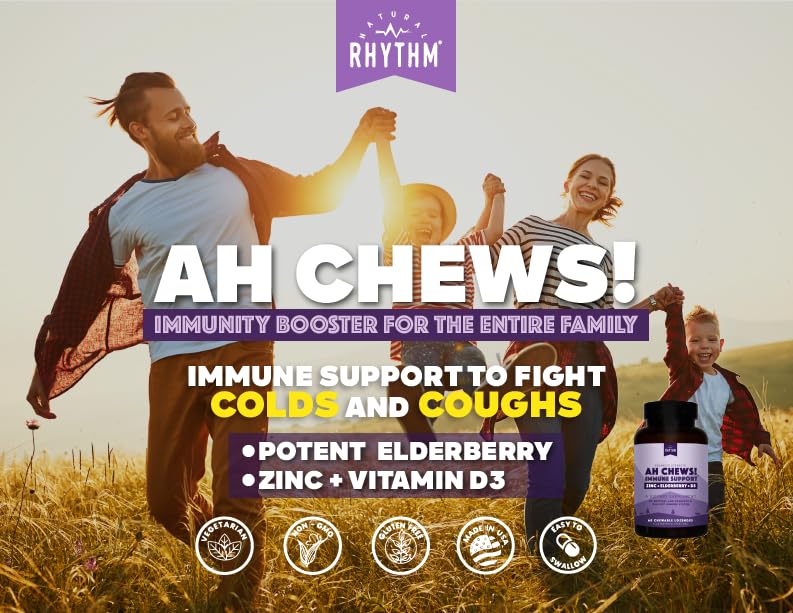 Natural Rhythm Ah Chews! Immune Booster Lozenges for Kids and Adults, No Added Sugar, with Elderberry, Zinc & Vitamin D3, 60 Capsules