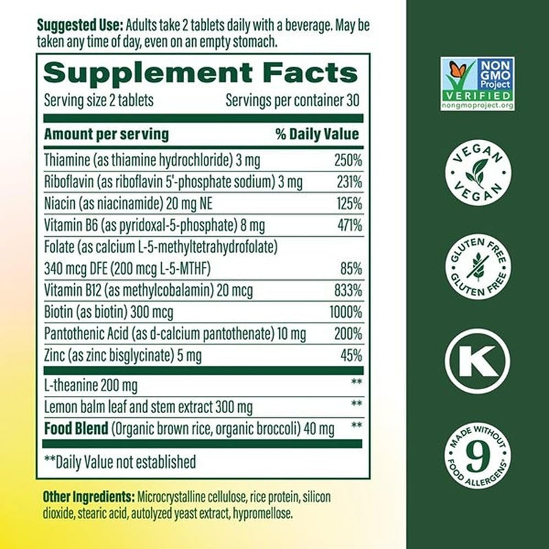 MegaFood L-Theanine 200mg & B Complex with Zinc & Lemon Balm, 60 Tablets | L Theanine Supplement & Vitamin B Complex of Methylated B12, B6, Methylfolate, Biotin, Stress Support, Vegan, 30 Servings