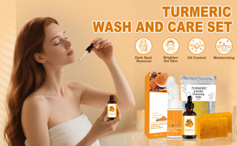 Turmeric Wash and Care 4 Piece Set,Turmeric Skincare Set: Turmeric Facial Cleanser,Cleansing Pad,Soap bar & Essential Oil, Deep Cleansing for Face & Body 5 Ounce (Pack of 1) orange