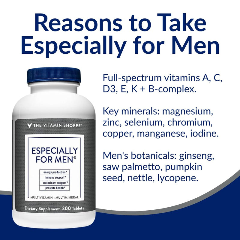 The Vitamin Shoppe Brand Men's Multivitamin, Energy Support, 300 Tablets | Complete Daily Multi With Essential Vitamins & Minerals for Men’s Health, Energy Production & Wellness Support, Gluten Free 300 Count (Pack of 1)