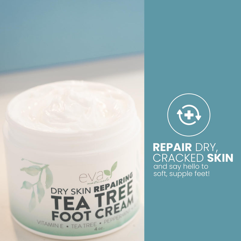 Eva Naturals Tea Tree Foot Cream – Moisturising Foot Lotion & Balm for Dry, Cracked Heels & Feet with Peppermint, Menthol, Spearmint, Aloe, Sunflower Oil & Geranium – Cream for Men & Women, 4 Fl Oz 4 Fl Oz (Pack of 1)