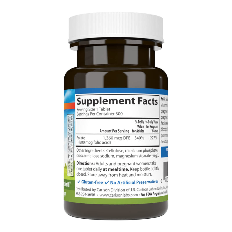 Carlson Folic Acid, 800 mcg, Prenatal Support, 300 Tablets | Fetal Development; Important B Vitamin for Pregnant Women 300 Count (Pack of 1)