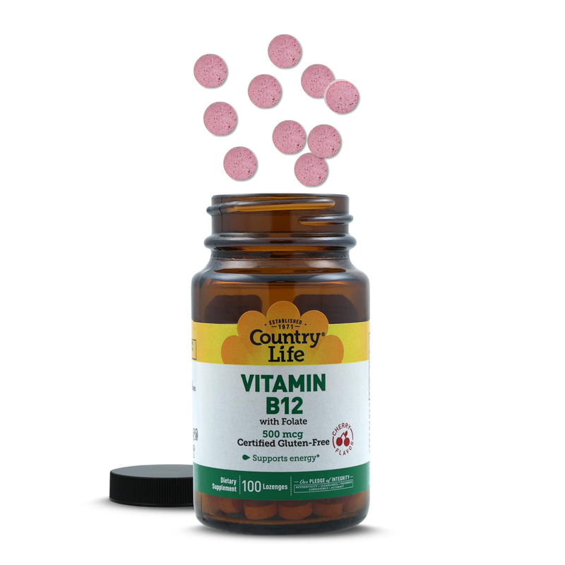 Country Life Vitamin B12 with Folate, Supports Energy & Red Blood Cell Production, 500mcg, 100 Lozenges, Certified Gluten Free, Vegan, Halal, Non-GMO Verified 100 Count (Pack of 1)