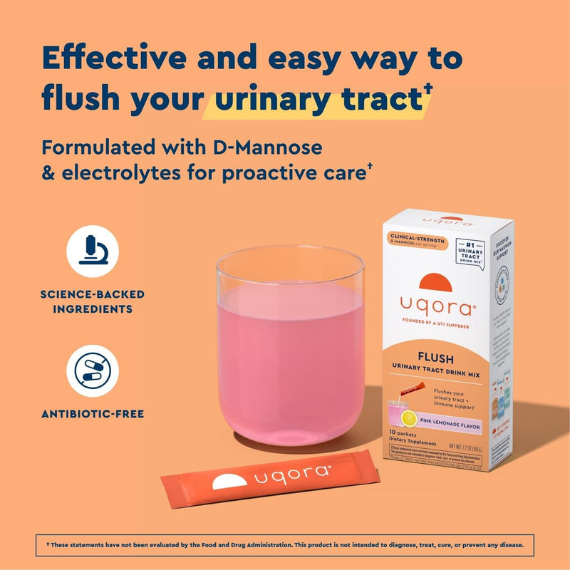 Uqora Flush, Urinary Tract Support, Pink Lemonade, 10 Packets | Urinary Tract Support* with D-Mannose, Vitamin C, B6, Potassium, Magnesium, and Calcium, Gluten-Free and Vegan 0.17 Ounce (Pack of 10)