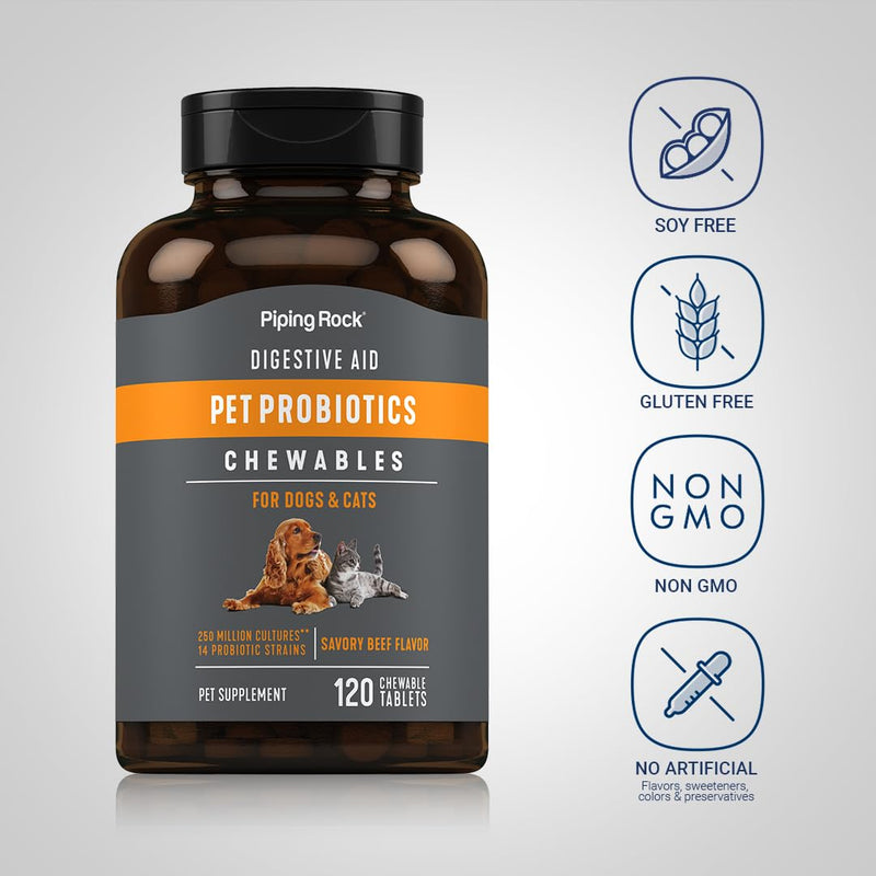 Piping Rock Probiotics for Dogs and Cats | 120 Chewables | Digestive Health Supplement with 14 Strains | Savory Beef Flavor | Non-GMO & Gluten Free