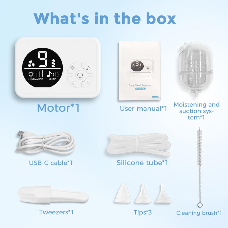 Nasal Aspirator for Baby, Nose Sucker with 9 Suction Levels, Electric Snot Sucker, 3 Levels Night Light & Nursery Rhyme Soothing Function, Food-Grade Silicone Tips White