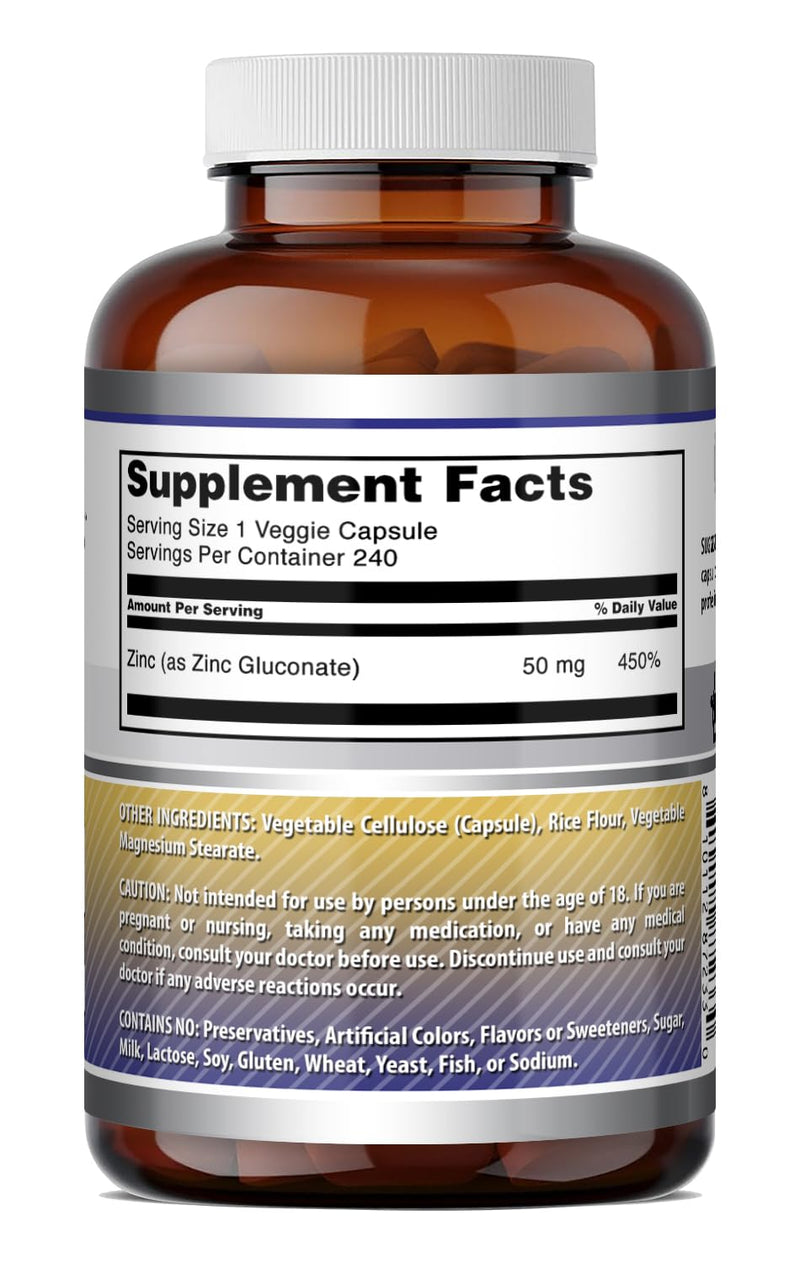 Amazing Formulas Zinc Gluconate | 50 Mg per Serving | 240 Vegetarian Capsules | Mineral Supplement | Non-GMO | Gluten-Free | Made in USA