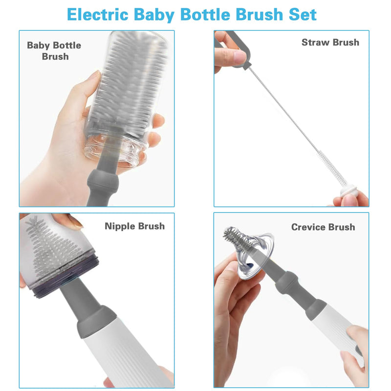 Electric Bottle Brush Cleaner Set, Electric Baby Bottle Brush Cleaner with Rechargeable Electric Bottle Cleaner and Silicone Bottle Brushes and Straw Brush, Automatic Bottle Cleaner Brush (Grey) Gray - BeesActive Australia