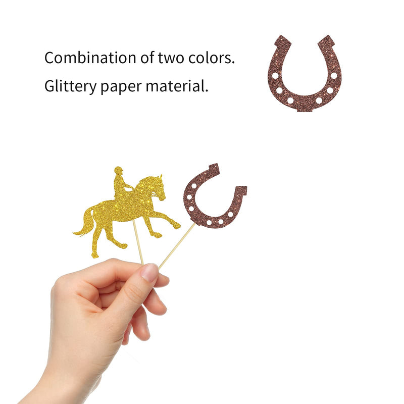 24PCS Kentucky Derby Cupcake Toppers, Equestrian Horse Themed Party Decor, Baby Shower Party Supplies, Horseshoe Sign Food Picks, Gold Glitter - BeesActive Australia