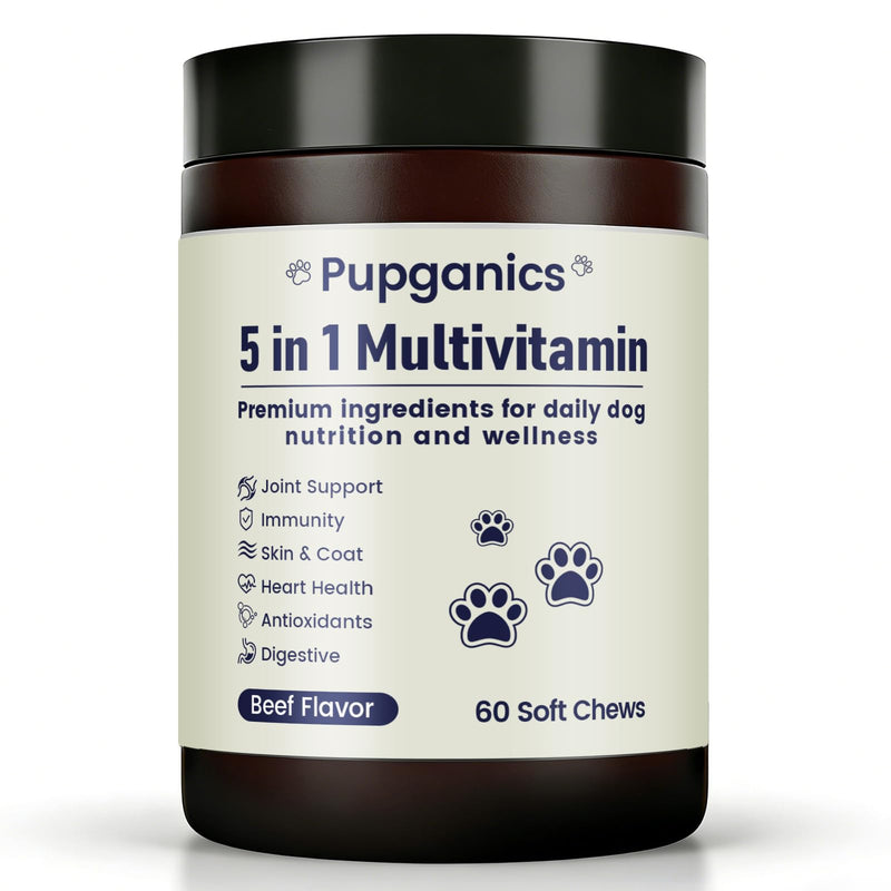 Pupganics Multivitamin Daily Soft Chews for Dog, 5 in 1 multivitamin for Hip & Joint, Heart Health, Skin & Coat, Gut & Immune Support, with Probiotics, Vitamin A/D3/E, Beef Flavor, 60 Chews (1)