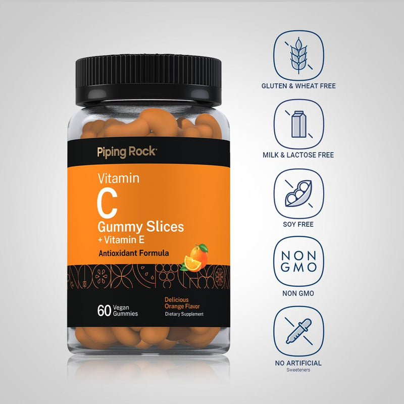 Piping Rock Vitamin C Gummies | 60 Count | Orange Flavor | with Vitamin E | Vegan, Non-GMO, and Gluten Free Supplement