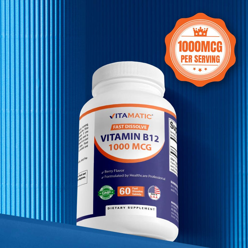 Vitamatic Vitamin B12 1000 mcg Fast Dissolve – 60 Tablets – Natural Berry Flavor – Supports Energy Metabolism & Nervous System Health (Pack of 2) 60 Count (Pack of 2)