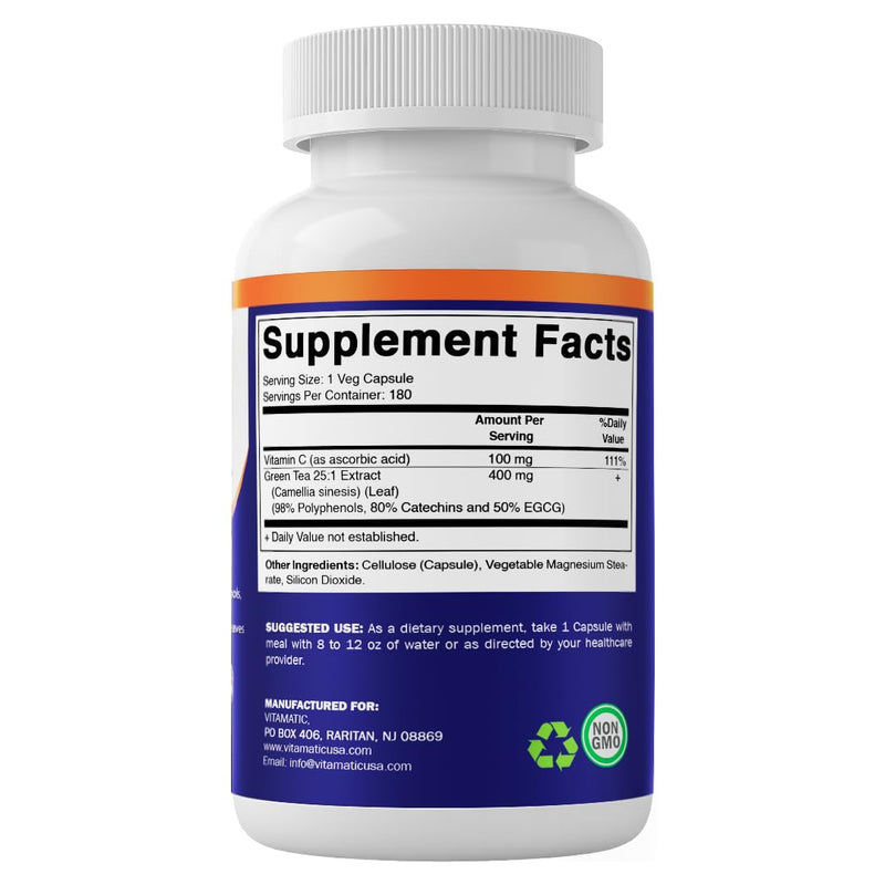 Vitamatic Green Tea Extract with Vitamin C, 25X Concentrate, 98% Polyphenols, 80% Catechins, 50% EGCG, 180 Veg Capsules