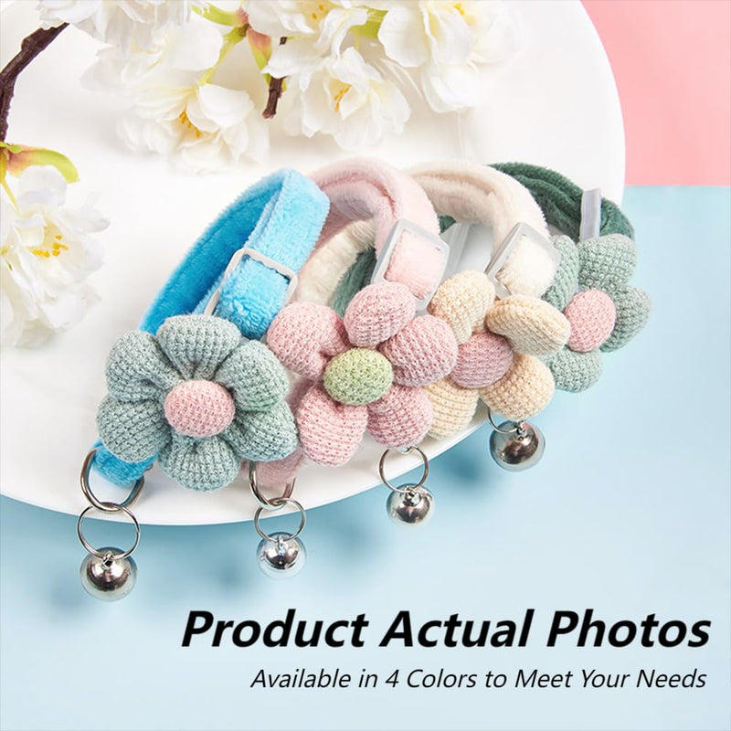(2-Pack, Blue & Green) Pet Collars - Adorable Cartoon Knitted Flower, Adjustable Length (22-29cm), Cat Collars, Soft & Comfortable, Kitten Collar with Bell，Suitable for Cats and Small Dogs