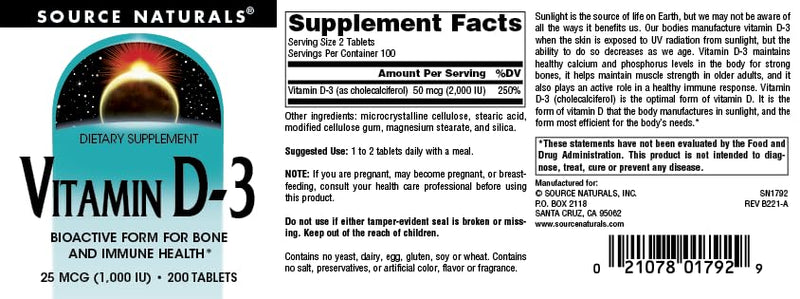 Source Naturals Vitamin D-3, Supports Bioactve Form for Bone & Immune Health* 1000 iu (25 mcg) - 200 Tablets 3 200 Count (Pack of 1)