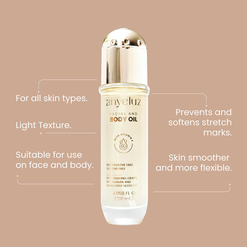 ANYELUZ Face and Body Oil with vitamin E, Luxury Anti-Aging & Stretch mark prevention formula, Deep hydration for face and body, All skin types, Óleo Facial Antiedad con Vitamina E