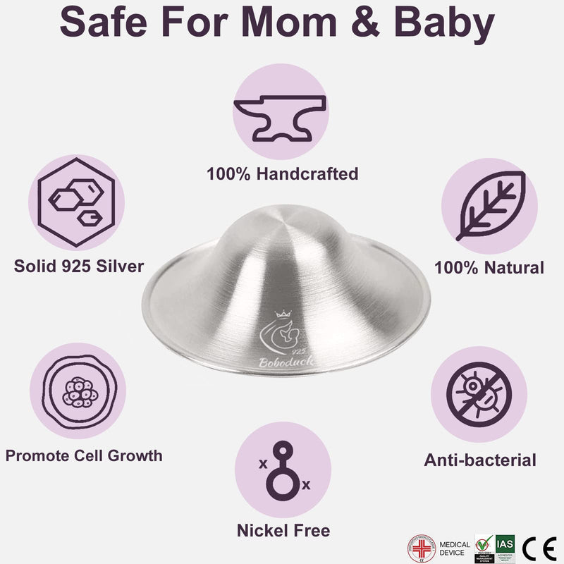 Boboduck The Original Silver Nursing Cups - Nipple Shields for Nursing Newborn, Newborn Breastfeeding Essentials Must Haves for Soothe and Protect Your Nursing Nipples - 925 Silver (Regular Size) Regular - BeesActive Australia
