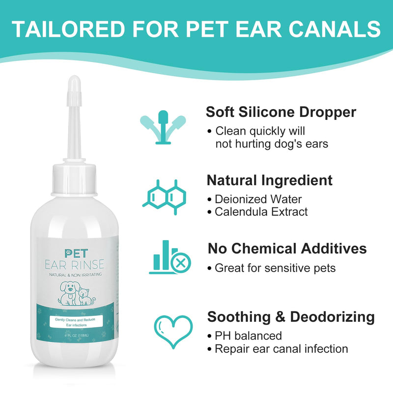 Advanced Dog Ear Cleaner, Gentle Pet Honesty Flush Ear Rinse, Dog Ear Cleaning Solution Tool-Cat Ear Wash- with 20 Cotton Swabs & 20 Finger Wipes, 4 oz 1 Pack+Plastic Stick Swabs - BeesActive Australia