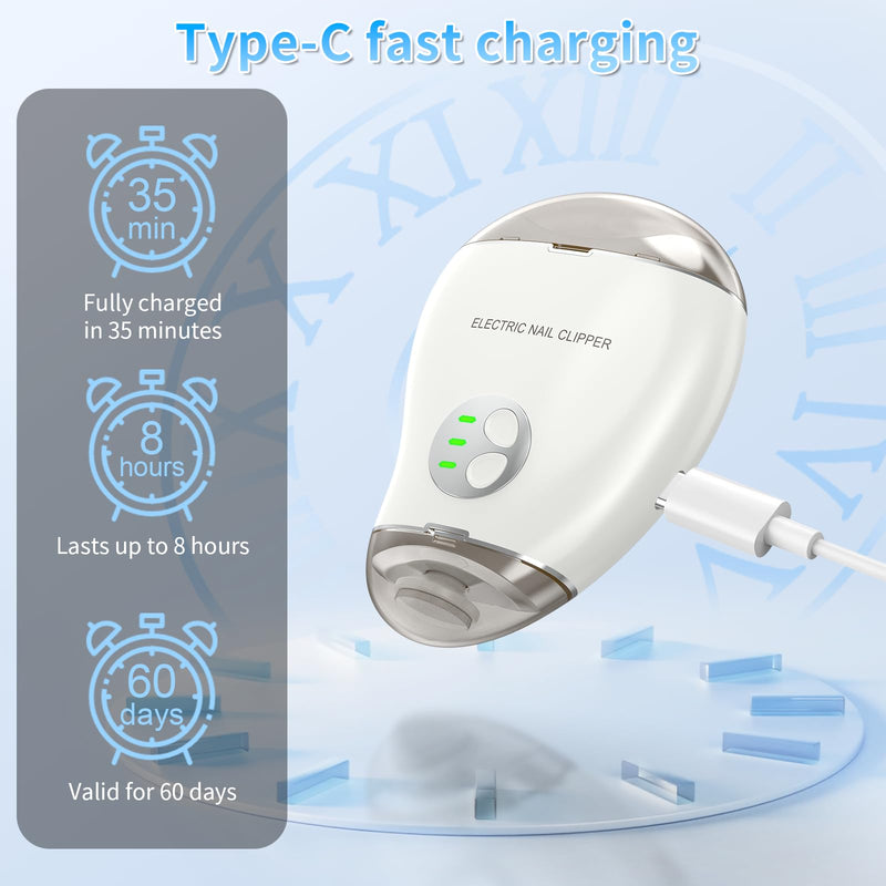 Automatic Electric Nail Clipper, 2 in 1 Baby Nail Trimmer with LED Light & Storage Box, Safe Nail File for Baby, Kids, Adults, Seniors, Rechargeable Portable Fingernail Cutter with 3 Speed Gears White - BeesActive Australia