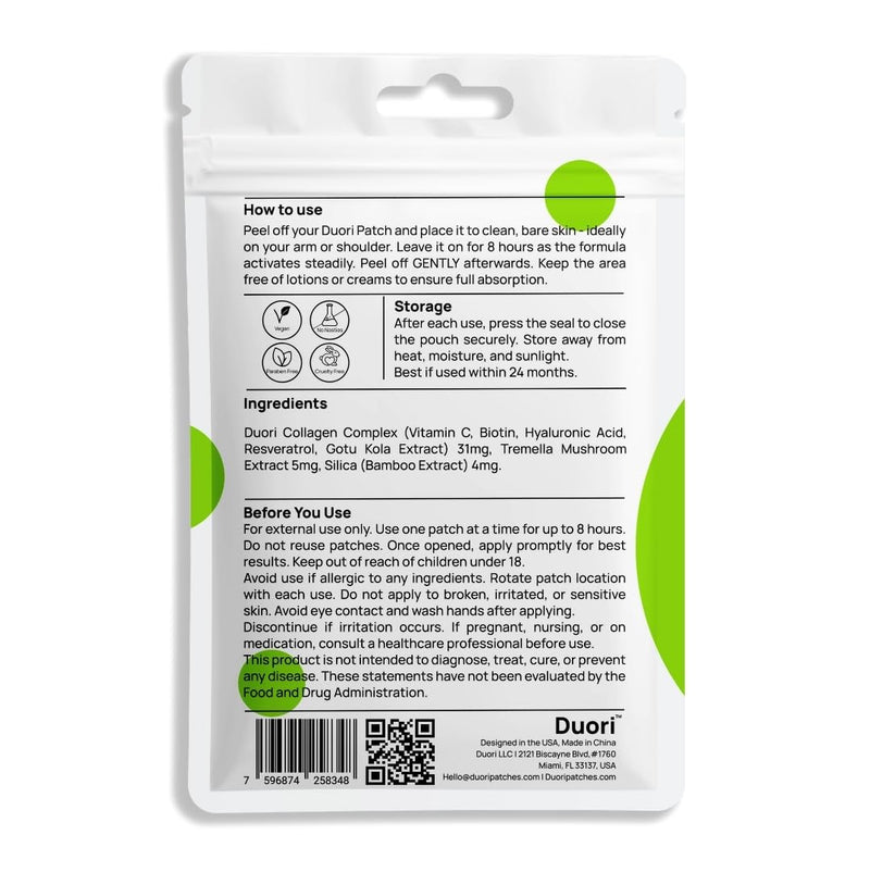 DUORI Collagen Patch - Skin Firmness, Hair & Nails Support - Youthful Glow - Vitamin C - Hyaluronic Acid - Resveratrol - Biotin - Gotu Kola Extract - Vegan Daily Hydration Patch - 30 Patches 1 Pack (30 Patches)
