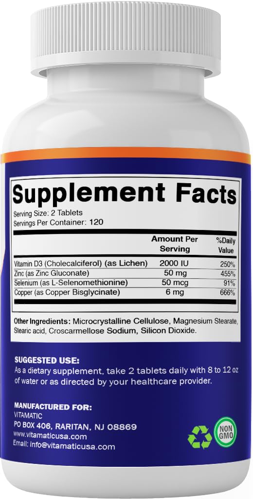 Vitamatic Copper Bisglycinate 6 mg Made with Vitamin D3 2000 IU, Zinc 50mg, Selenium 50mcg - 240 Tablets - Non-GMO & Gluten Free