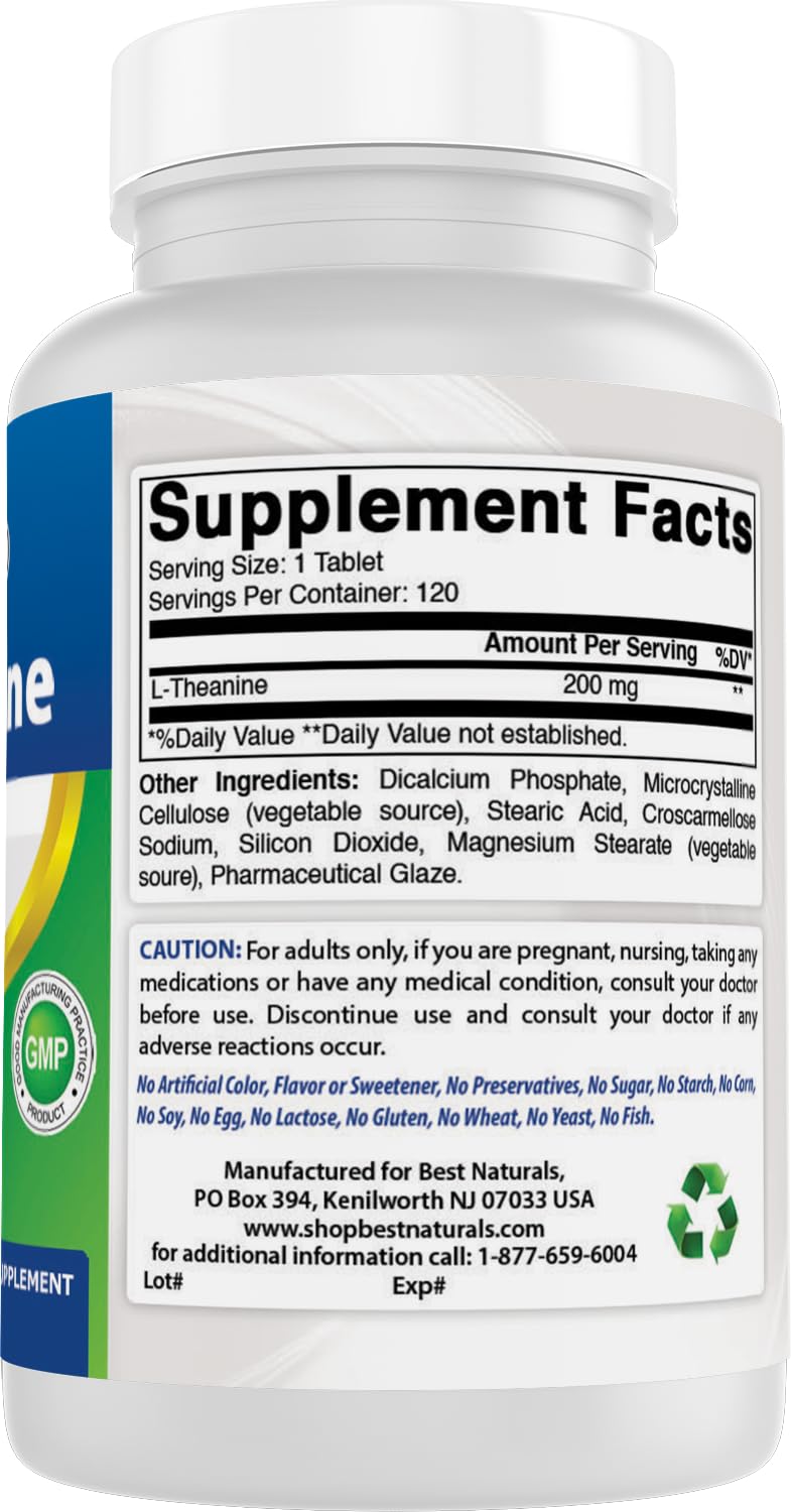 Best Naturals L-Theanine 200mg per Tablet (400mg per 2 Tablets) - Promotes Relaxation Without Drowsiness - 120 Vegetarian Tablets - (120 Count (Pack of 3))