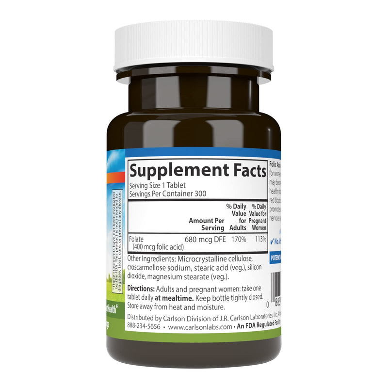 Carlson Folic Acid, 400 mcg, Prenatal Support, 300 Tablets | Fetal Development; Important B Vitamin for Pregnant Women 300 Count (Pack of 1)