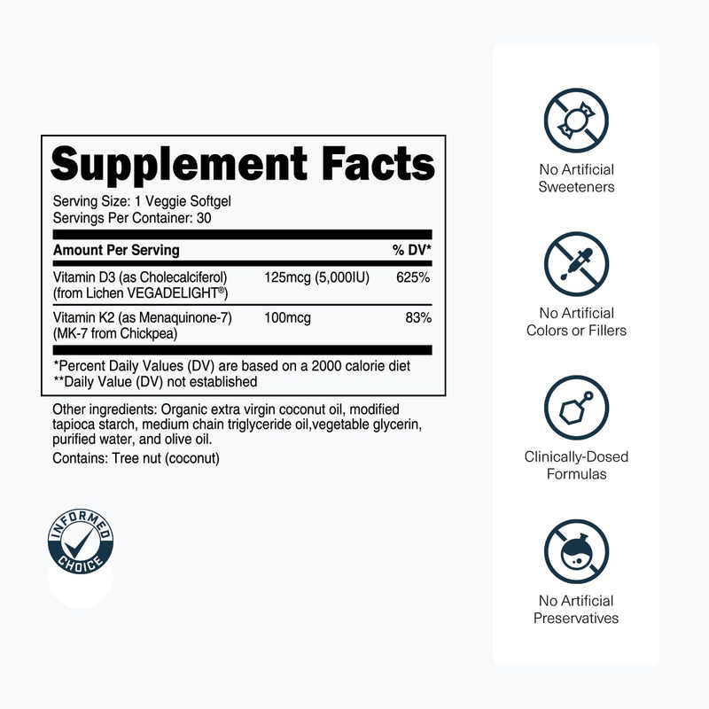 Transparent Labs Vitamin D3 K2 - Vitamin D & K2 Vitamin Supplement for Men & Women, Vegan-Friendly D3K2 5000 IU Supplements to Support Bone, Immune, and Overall Health - K2 D3 60 Capsules