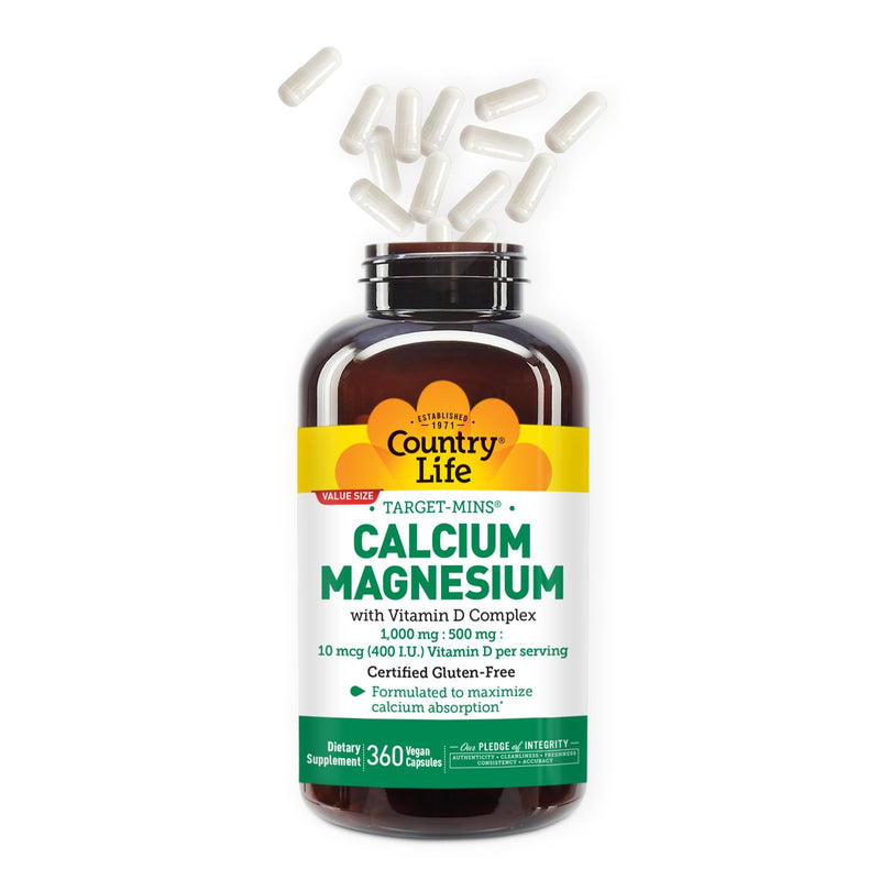 Country Life Target-Mins Calcium Magnesium with Vitamin D, 360 Capsules | Supports calcium absorption and strong bones with 1,000 mg calcium, 500 mg magnesium and 400 IU vitamin D Unflavored 360 Count (Pack of 1)