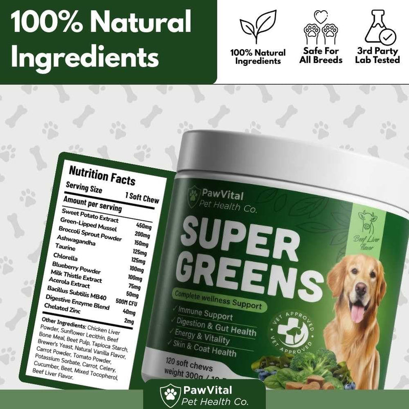 Super Greens Multivitamin Chews for Dogs – Dog Greens & Daily Dog Multivitamin with Spirulina, Chlorella, Probiotics & Enzymes for Immune, Gut, Skin & Energy Support – Beef Liver – 150 Chews