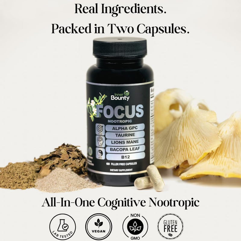 Focus 14-in-1 Nootropic Brain Supplement with Lions Mane, Alpha GPC Choline, Vitamin C & B12, Taurine, Bacopa - Energy, Cognitive, Memory Support, 60 Filler Free Capsules